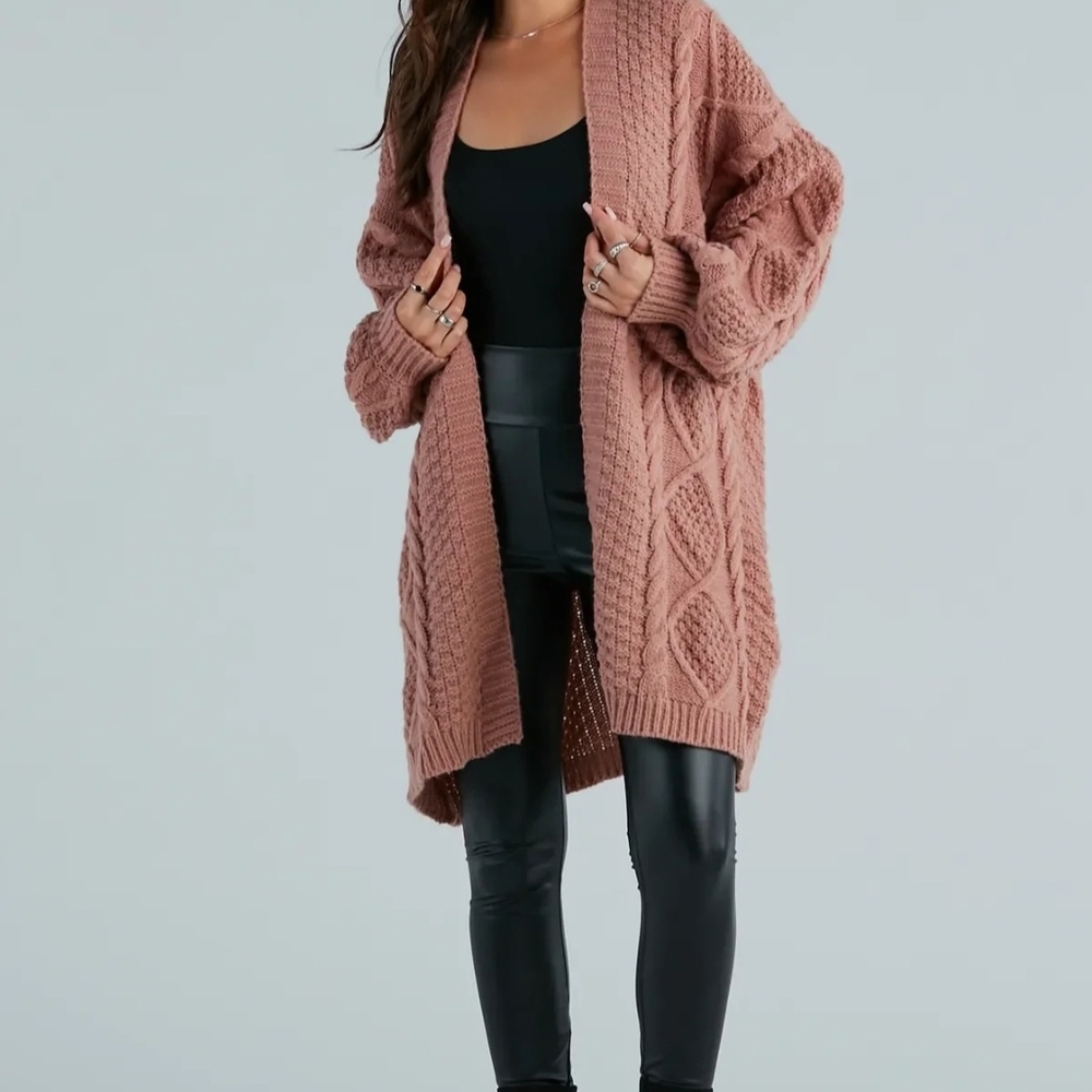 Cozy Open-Front Cable Knit Cardigan Sweater - Dusty Rose, ARULA/A Beautiful Soul
